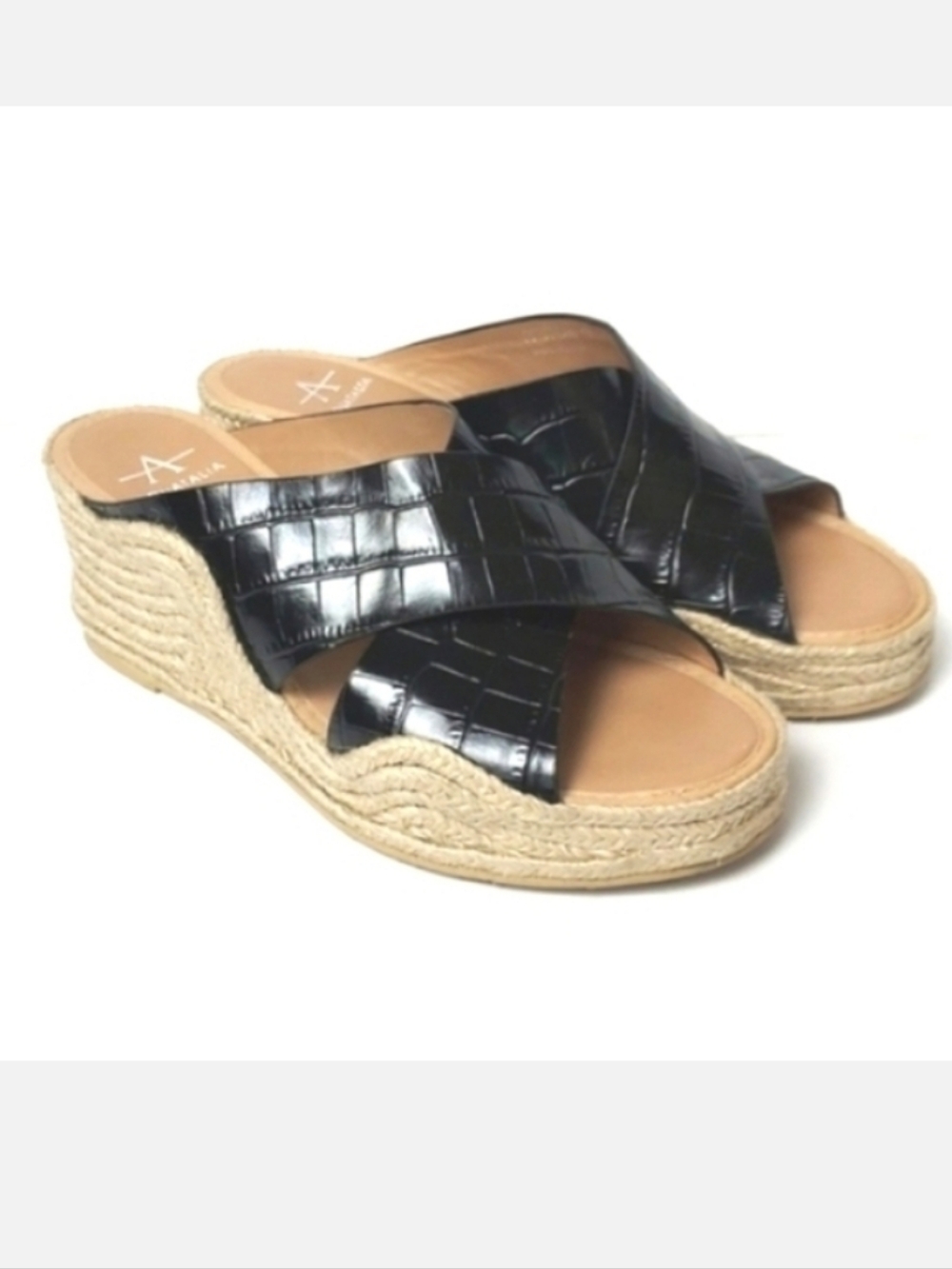 Aquatalia Marina Leather Croc Embossed Crisscross Espadrille Wedges Black Size 7
